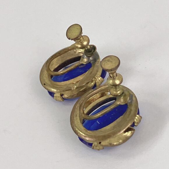 VTG 40s 50s Mid Century Gold Tone Screw Back Earrings Cobalt Blue Glass - Picture 14 of 16